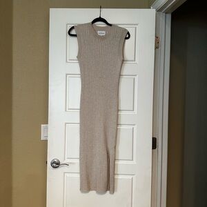 Sleeveless Ribbed Knit Dress - Beige
